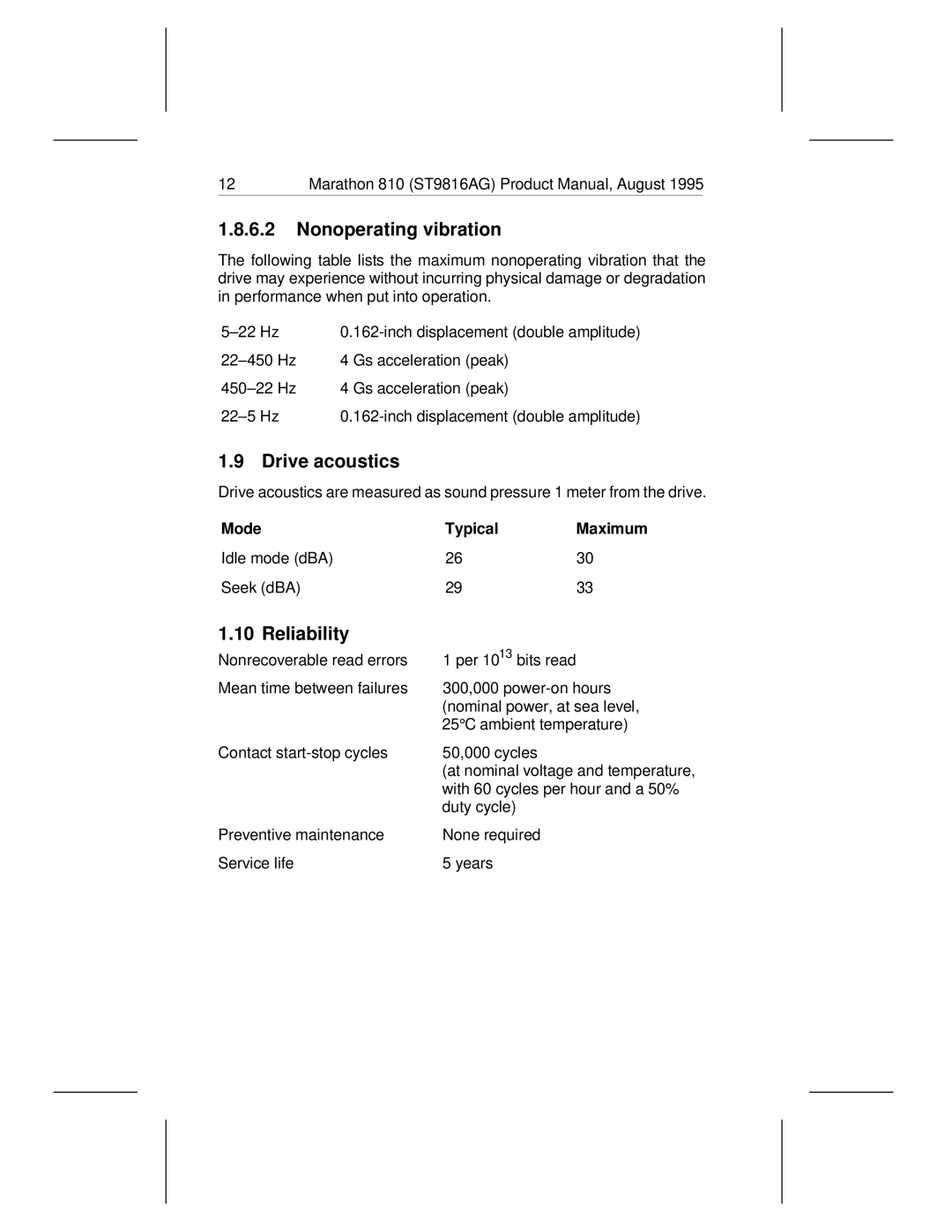 Seagate 810 manual Nonoperating vibration, Drive acoustics, Reliability, Mode Typical 