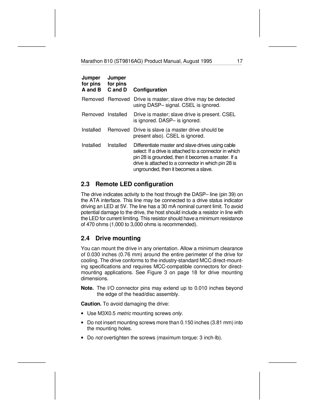 Seagate 810 manual Remote LED configuration, Drive mounting, Jumper For pins Configuration 