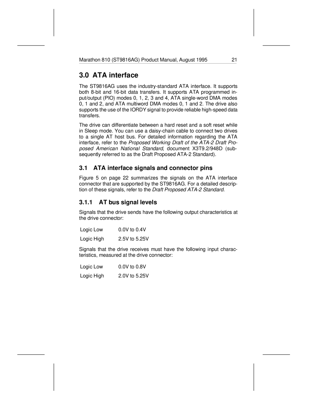 Seagate 810 manual ATA interface signals and connector pins, AT bus signal levels 