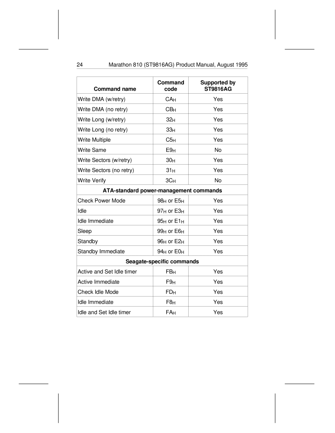 Seagate 810 manual Command Supported by Command name Code ST9816AG, ATA-standard power-management commands 