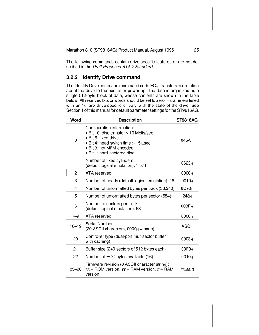 Seagate 810 manual Identify Drive command, Word Description ST9816AG 