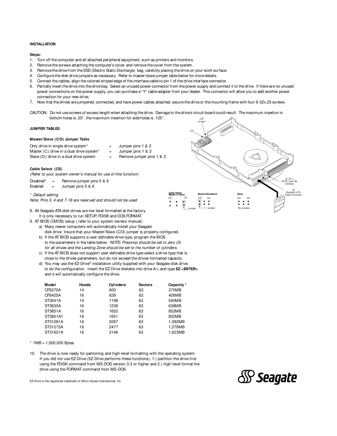 Seagate ST31081A, CFS270A, CFS425A Steps, Master/Slave C/D Jumper Table, Cable Select CS, Model Heads Cylinders Sectors 