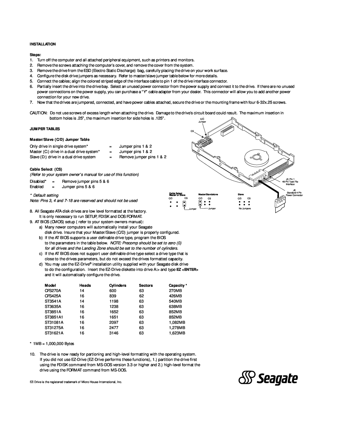 Seagate CFS270A INSTALLATION Steps, Jumper Tables, Master/Slave C/D Jumper Table, Cable Select CS, Model, Heads, Cylinders 