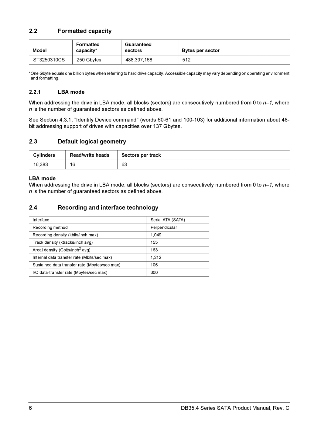 Seagate DB35.4 manual Formatted capacity, Default logical geometry, Recording and interface technology, LBA mode 