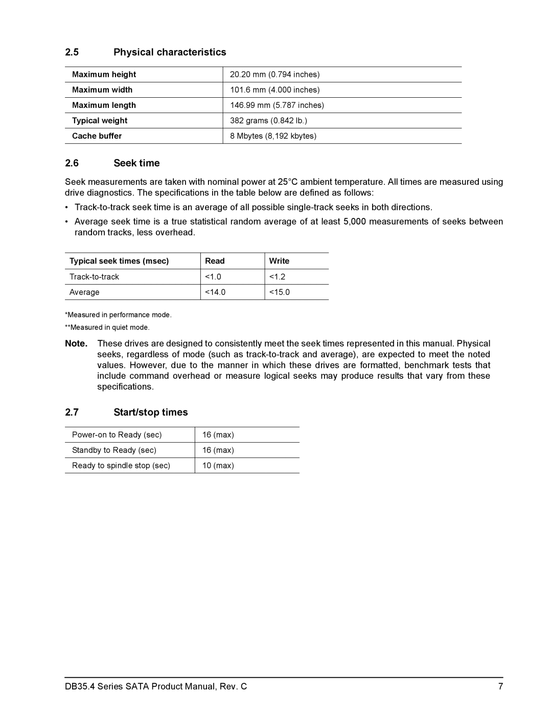 Seagate DB35.4 manual Physical characteristics, Seek time, Start/stop times, Typical seek times msec Read Write 