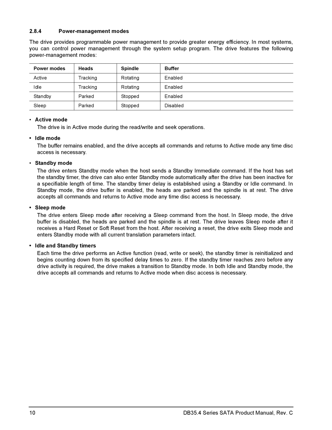 Seagate DB35.4 manual Power-management modes, Active mode, Idle mode, Sleep mode, Idle and Standby timers 