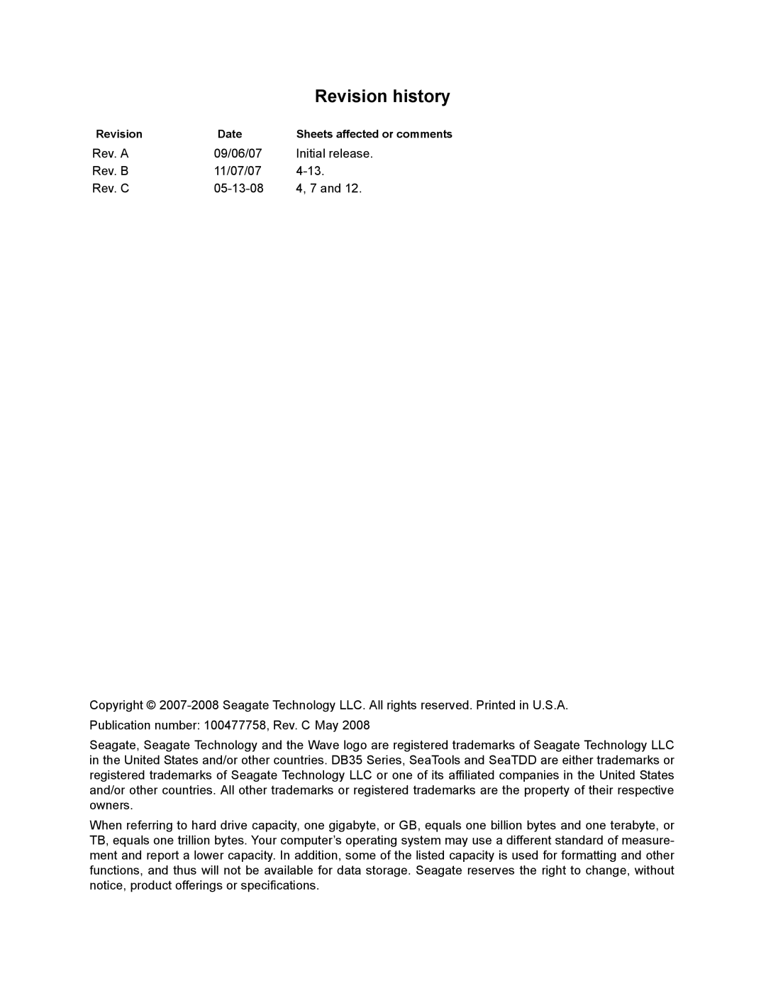 Seagate DB35.4 manual Revision history, Revision Date 