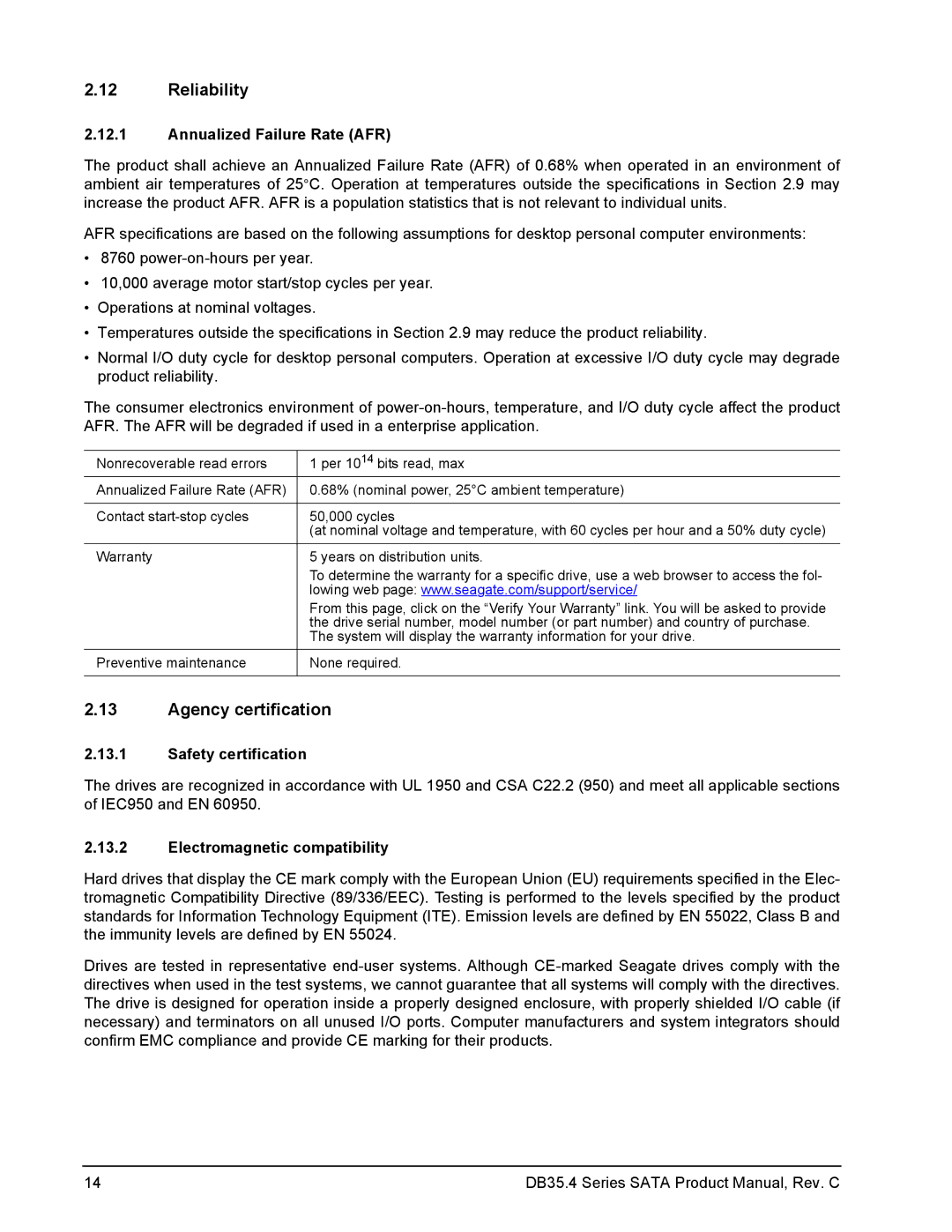 Seagate DB35.4 manual Reliability, Agency certification, Annualized Failure Rate AFR, Safety certification 