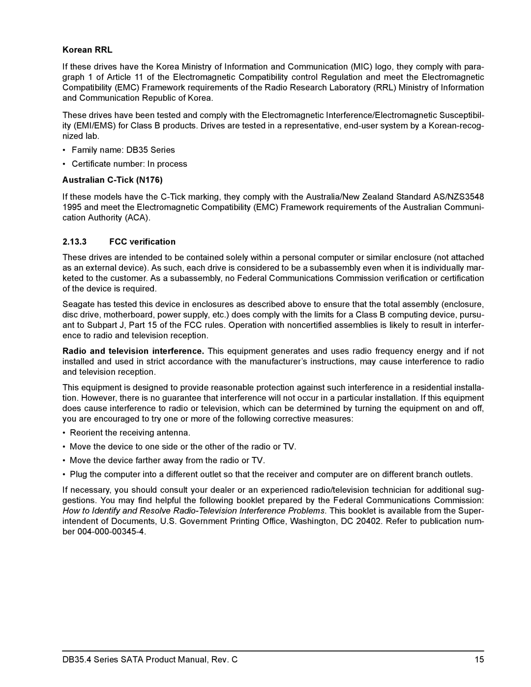 Seagate DB35.4 manual Korean RRL, Australian C-Tick N176, FCC verification 