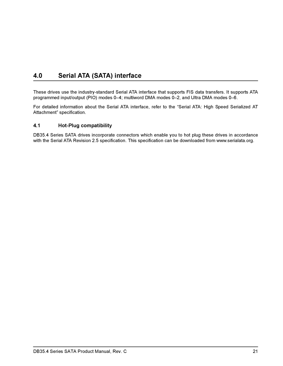 Seagate DB35.4 manual Serial ATA Sata interface, Hot-Plug compatibility 