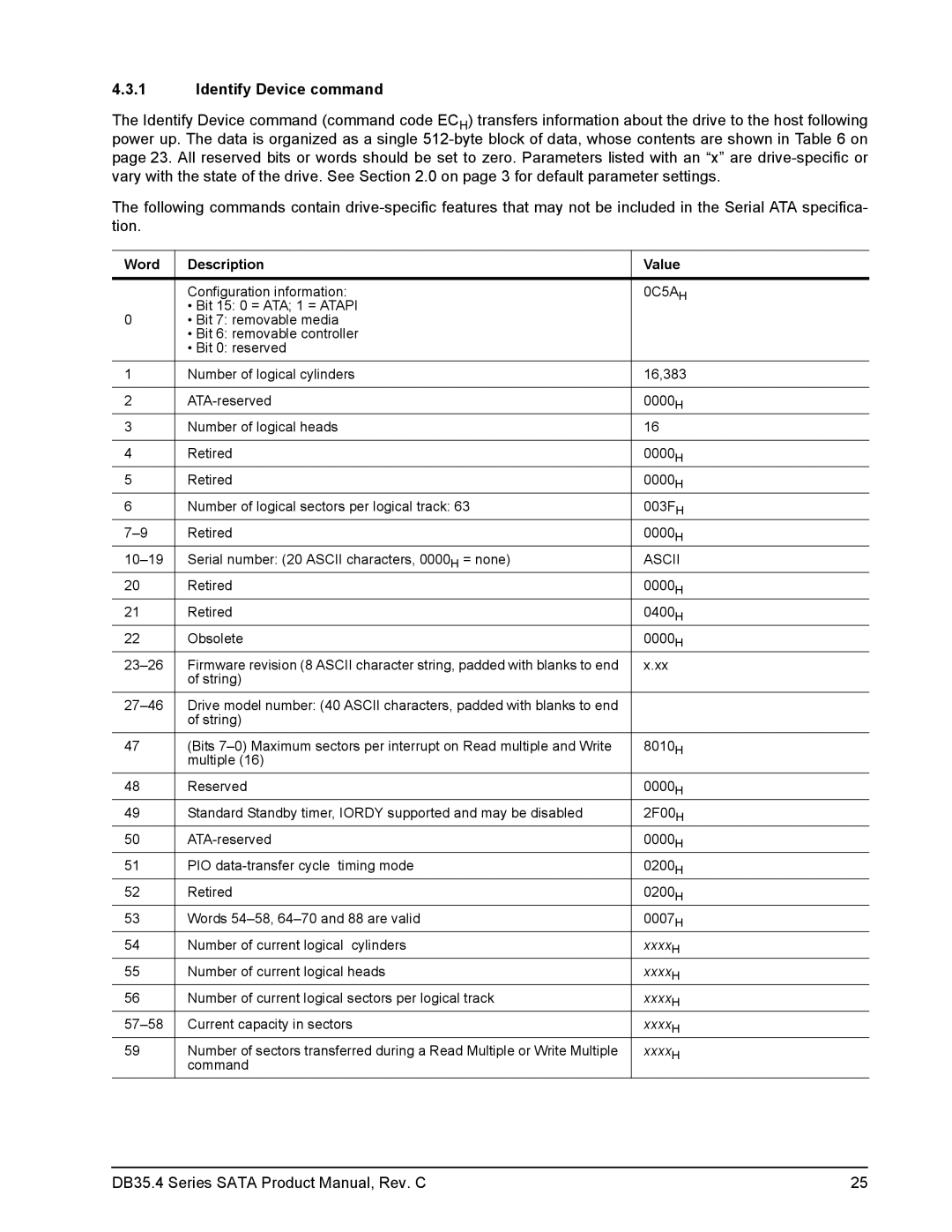 Seagate DB35.4 manual Identify Device command, Word Description Value 