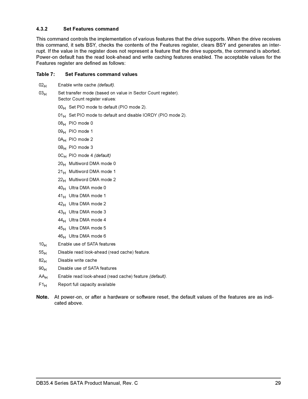 Seagate DB35.4 manual Set Features command values 