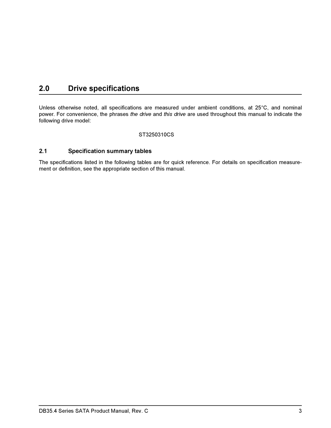 Seagate DB35.4 manual Drive specifications, Specification summary tables 