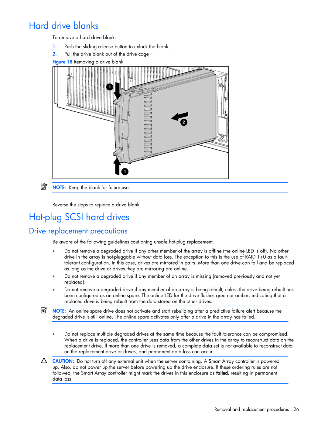 Seagate DL585 manual Hard drive blanks, Hot-plug Scsi hard drives, Drive replacement precautions 