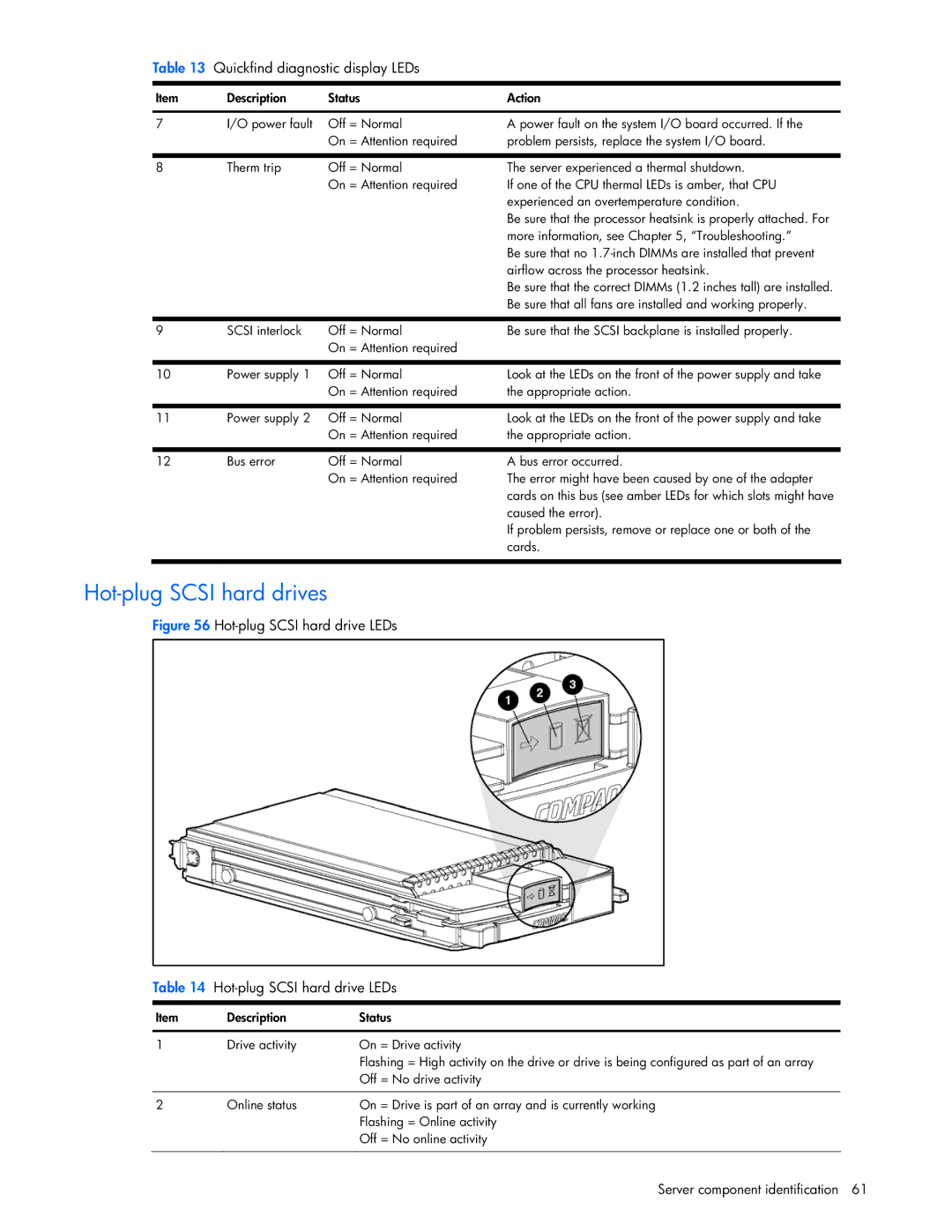 Seagate DL585 manual Hot-plug Scsi hard drives, Hot-plug Scsi hard drive LEDs 