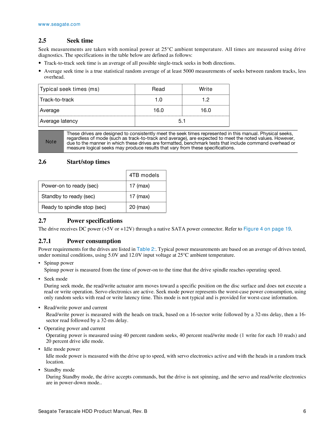 Seagate Enterprise Value manual Seek time, Start/stop times, Power specifications, Power consumption 