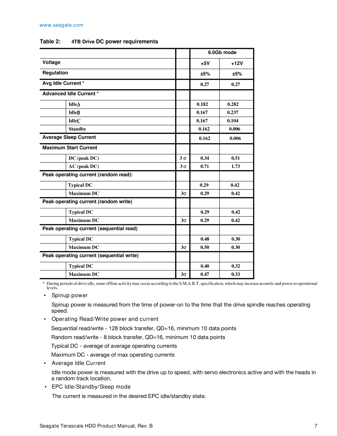 Seagate Enterprise Value manual 4TB Drive DC power requirements, Spinup power, Operating Read/Write power and current 