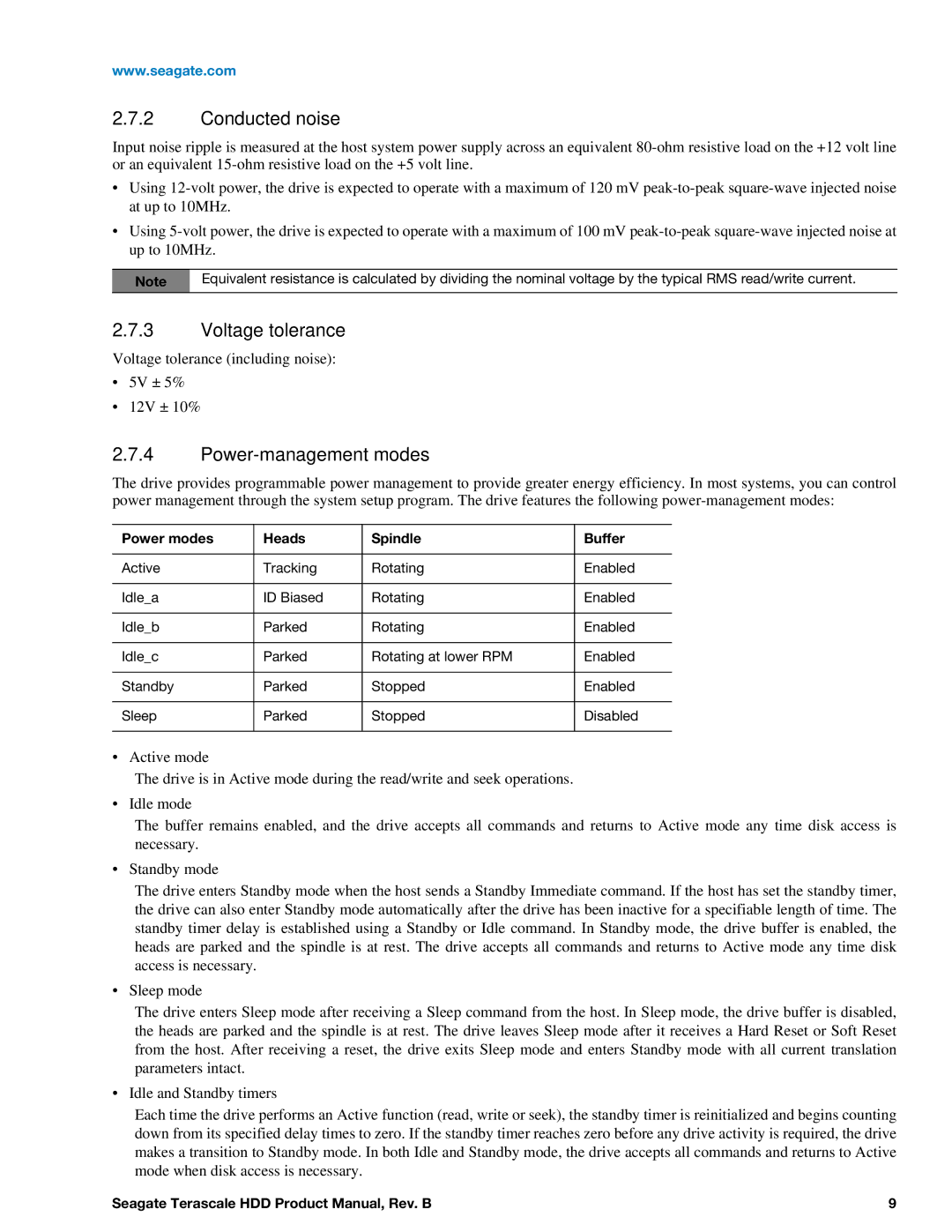 Seagate Enterprise Value manual Conducted noise, Voltage tolerance, Power-management modes 