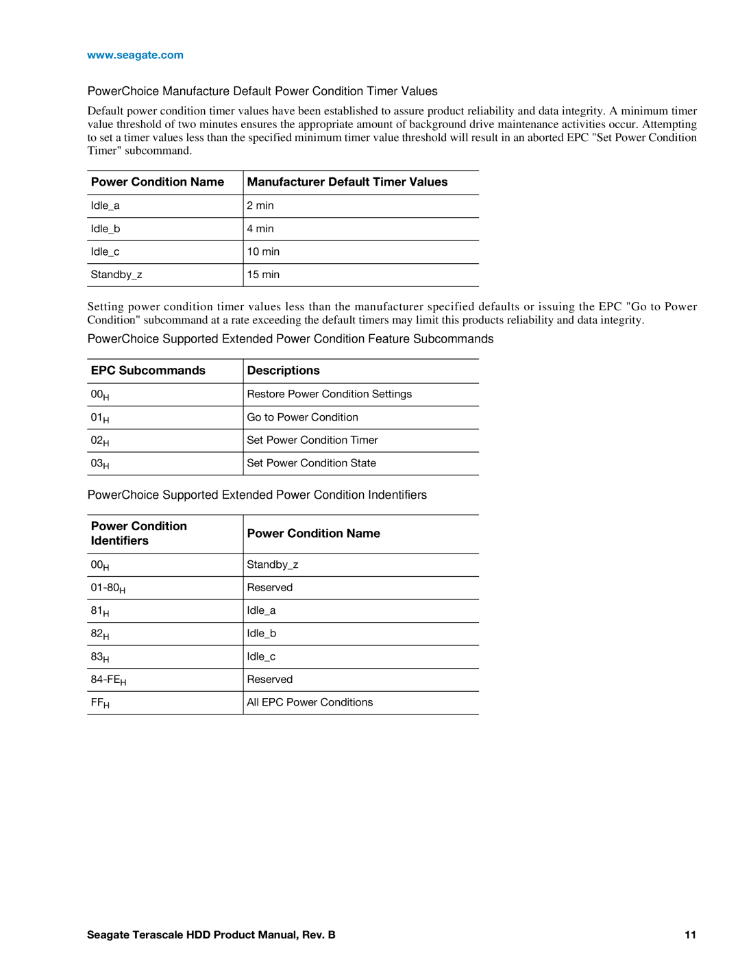 Seagate Enterprise Value manual Power Condition Name Manufacturer Default Timer Values, EPC Subcommands Descriptions 