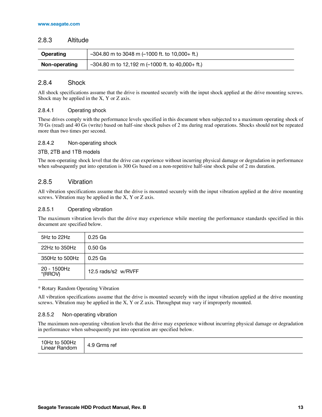 Seagate Enterprise Value manual Altitude, Shock, Vibration, Non-operating 