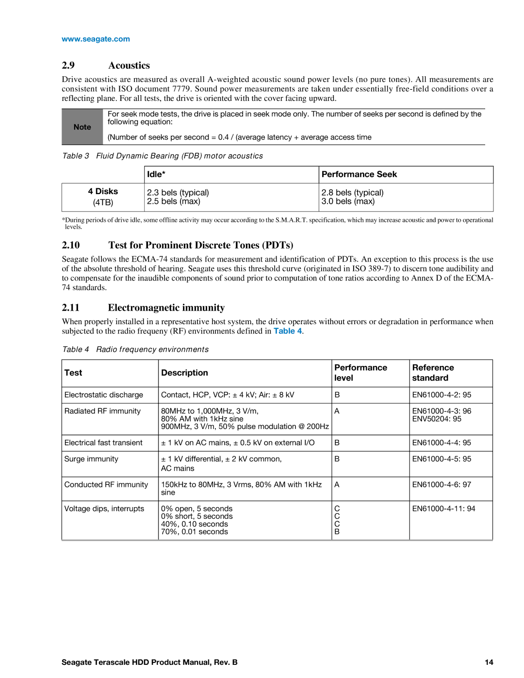 Seagate Enterprise Value manual Acoustics, Test for Prominent Discrete Tones PDTs, Electromagnetic immunity 