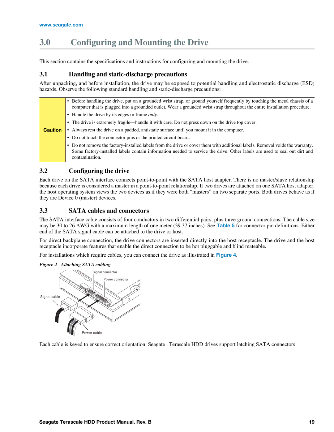 Seagate Enterprise Value Handling and static-discharge precautions, Configuring the drive, Sata cables and connectors 