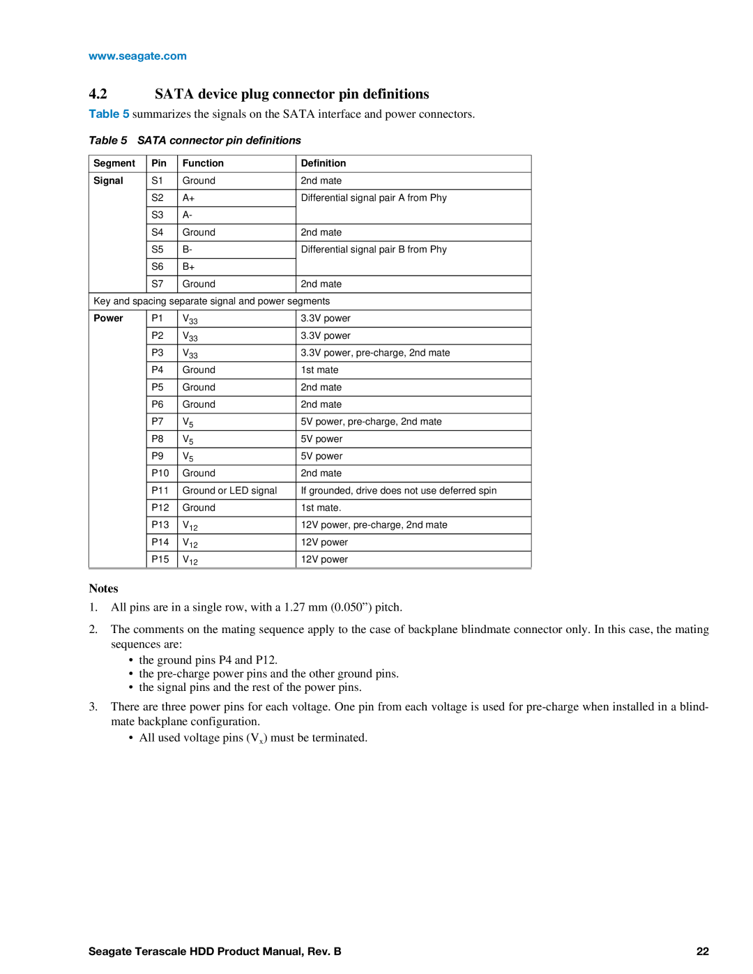 Seagate Enterprise Value manual Sata device plug connector pin definitions, Sata connector pin definitions 