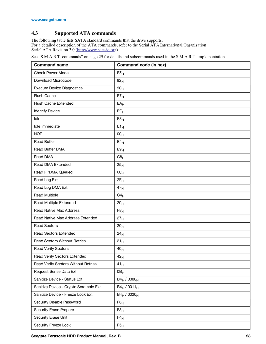 Seagate Enterprise Value manual Supported ATA commands, Command name Command code in hex 