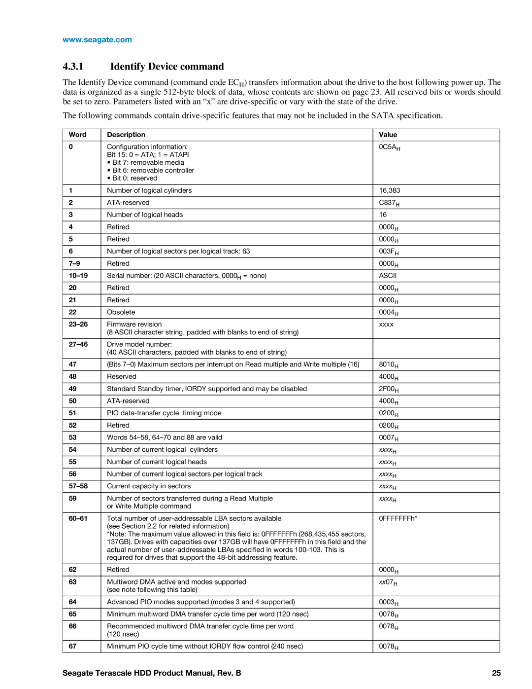 Seagate Enterprise Value manual Identify Device command, Word Description Value 