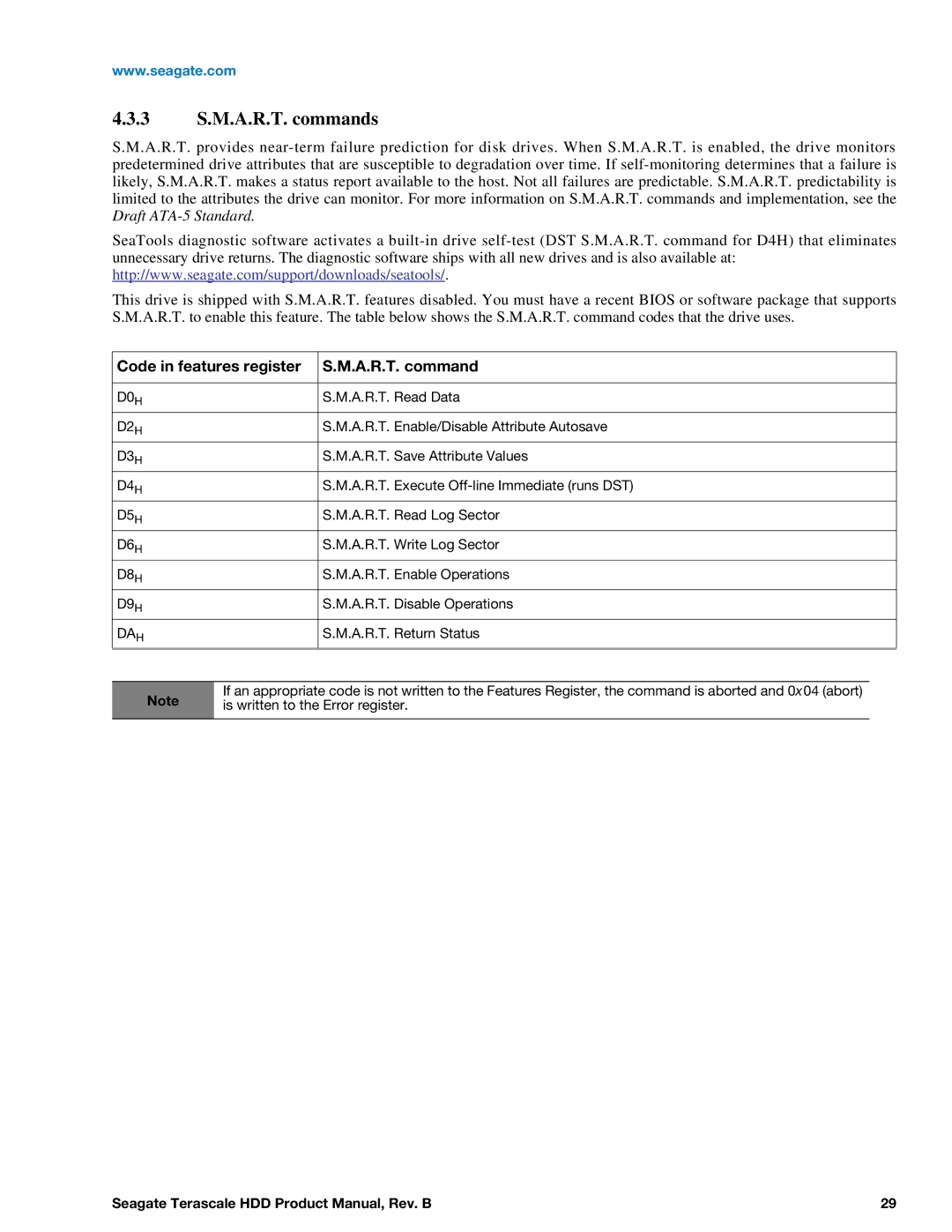 Seagate Enterprise Value manual 3 S.M.A.R.T. commands, Code in features register A.R.T. command 