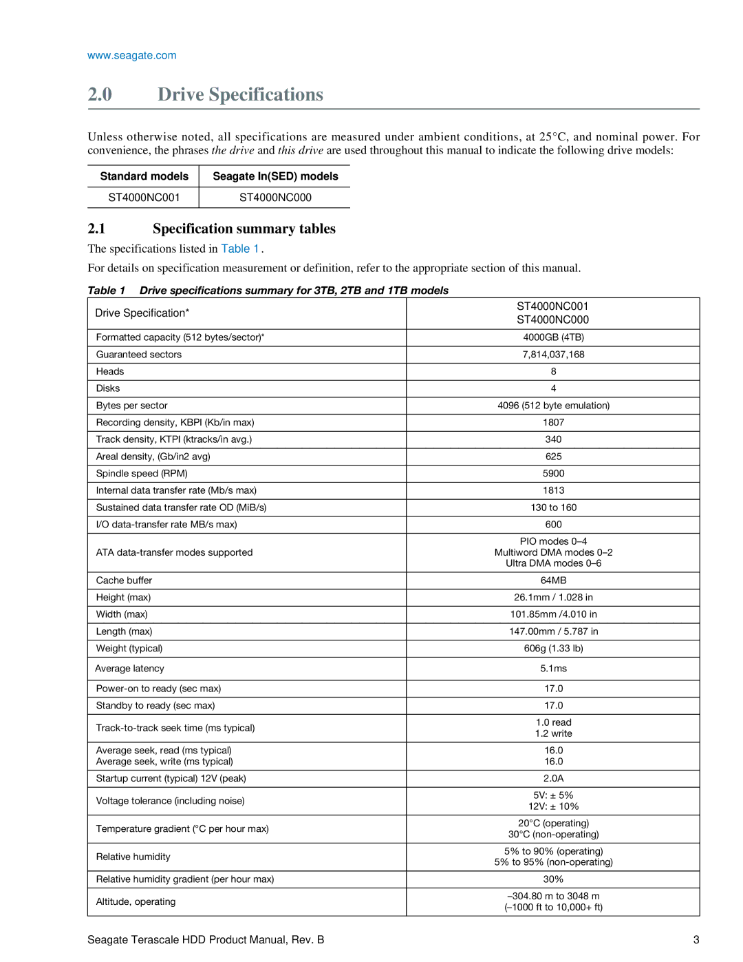 Seagate Enterprise Value manual Drive Specifications, Specification summary tables 