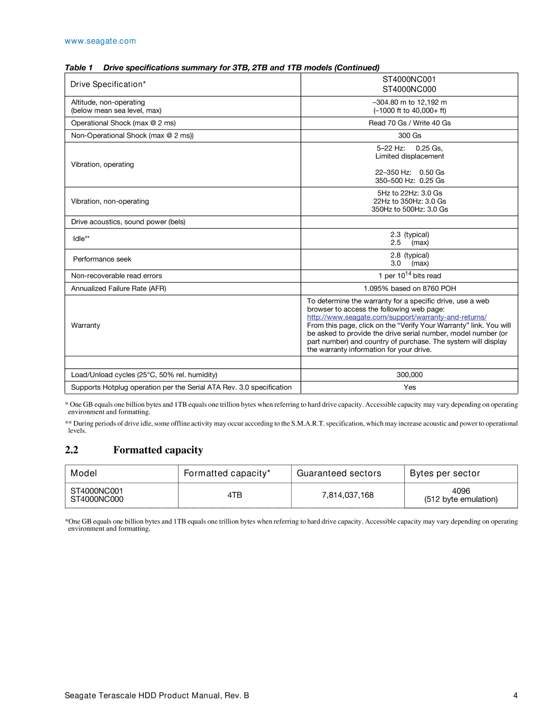 Seagate Enterprise Value manual Model Formatted capacity Guaranteed sectors Bytes per sector 