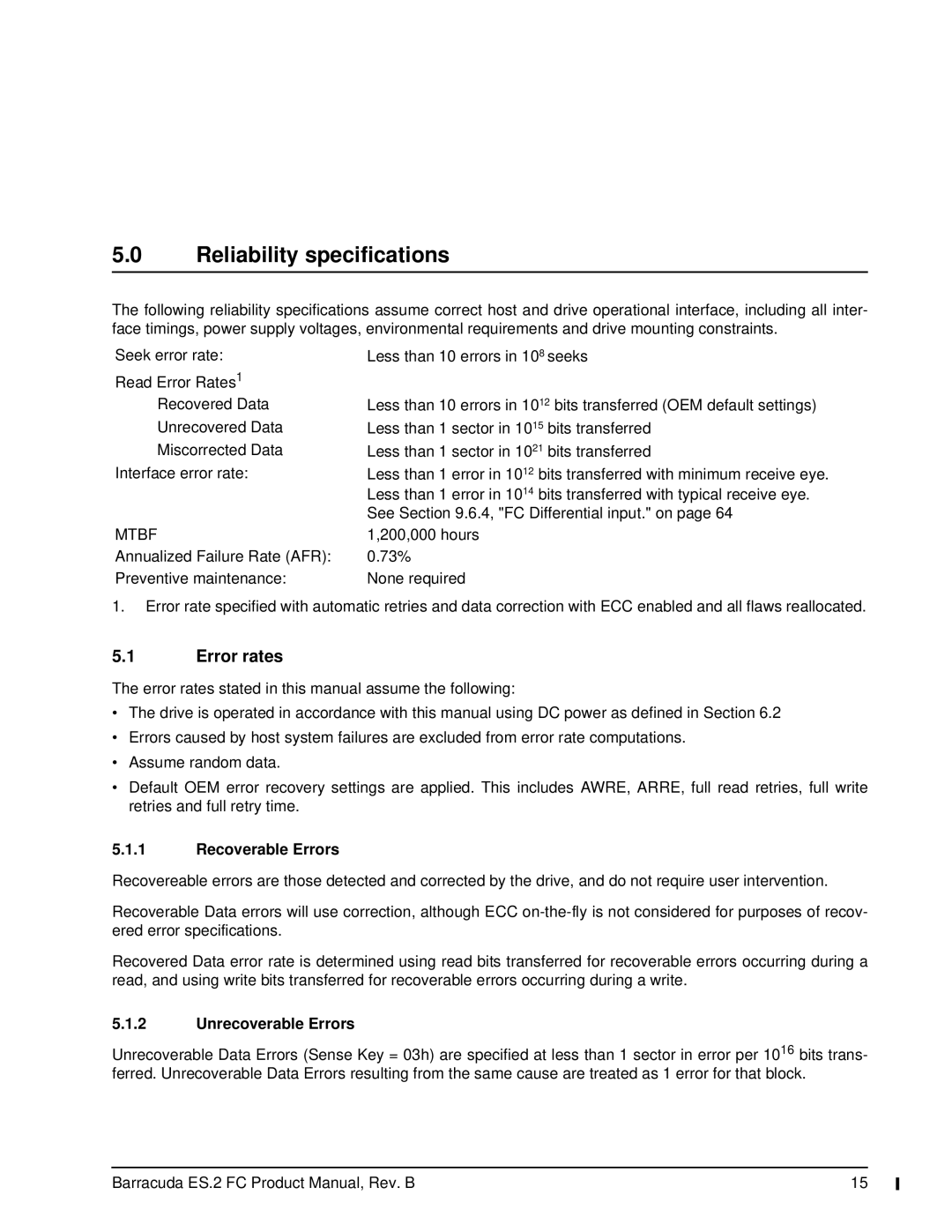 Seagate ST31000640FC, ES.2 FC manual Reliability specifications, Error rates, Recoverable Errors, Unrecoverable Errors 