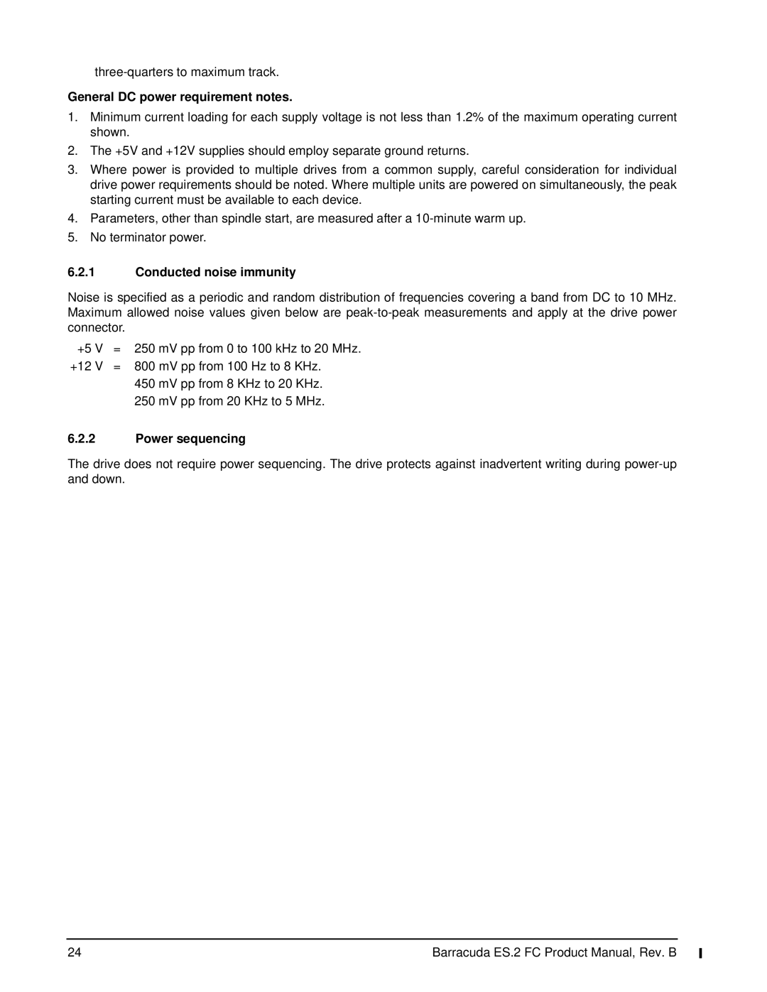 Seagate ES.2 FC, ST31000640FC manual General DC power requirement notes, Conducted noise immunity, Power sequencing 