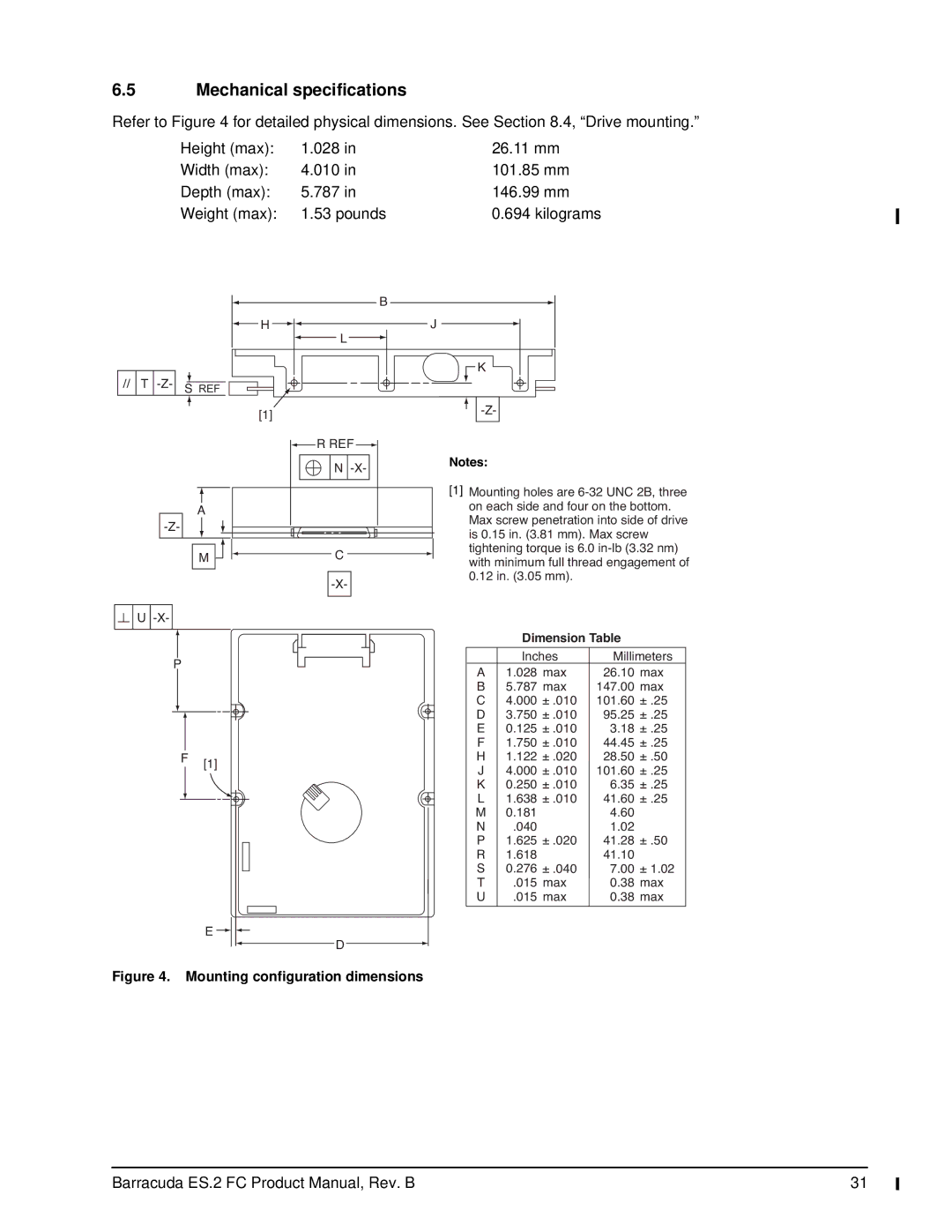 Seagate ST31000640FC, ES.2 FC manual Mechanical specifications, Mounting configuration dimensions 