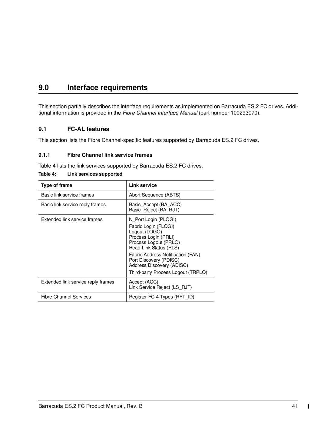 Seagate ST31000640FC, ES.2 FC manual Interface requirements, FC-AL features, Fibre Channel link service frames 