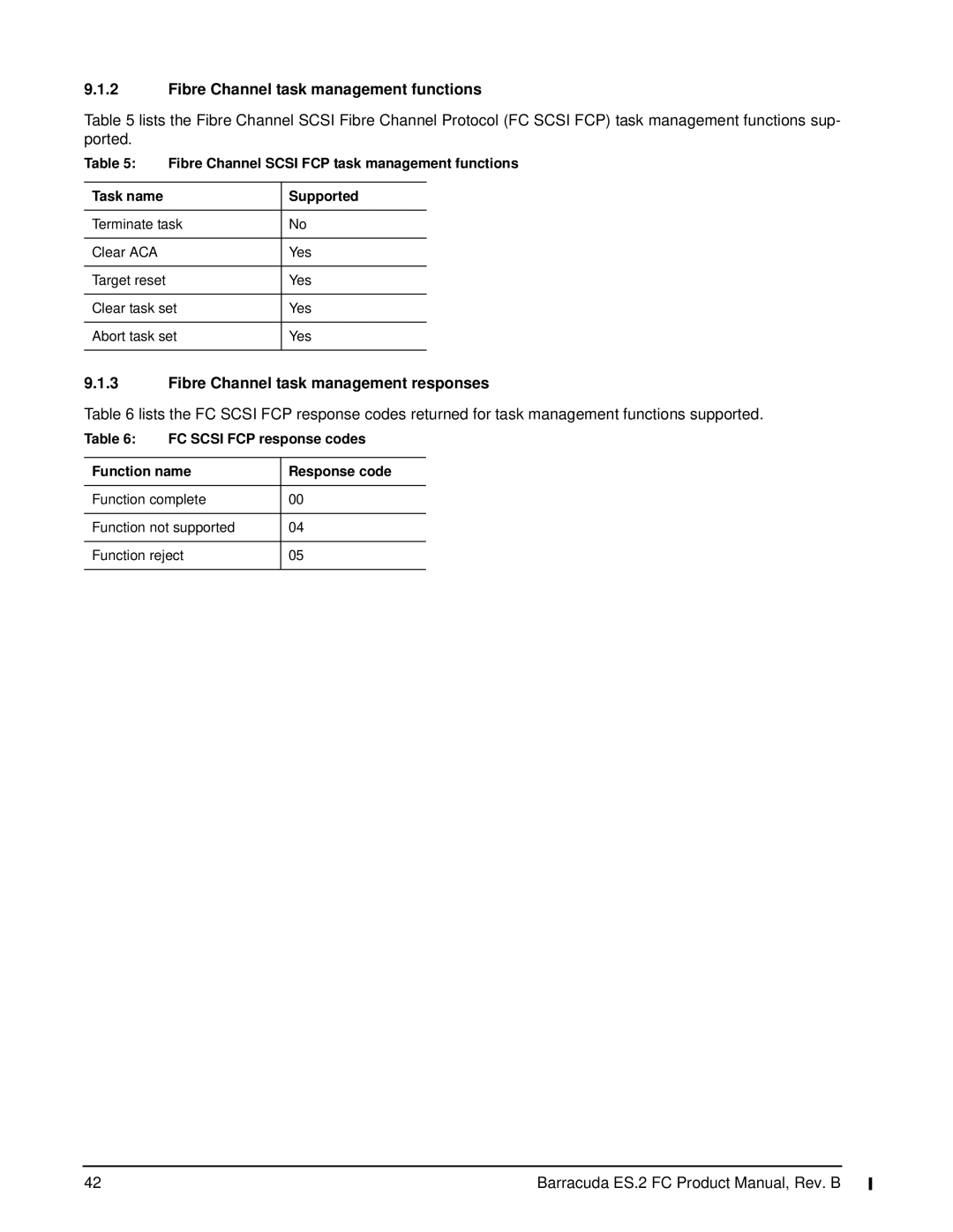 Seagate ES.2 FC, ST31000640FC manual Fibre Channel task management functions, Fibre Channel task management responses 