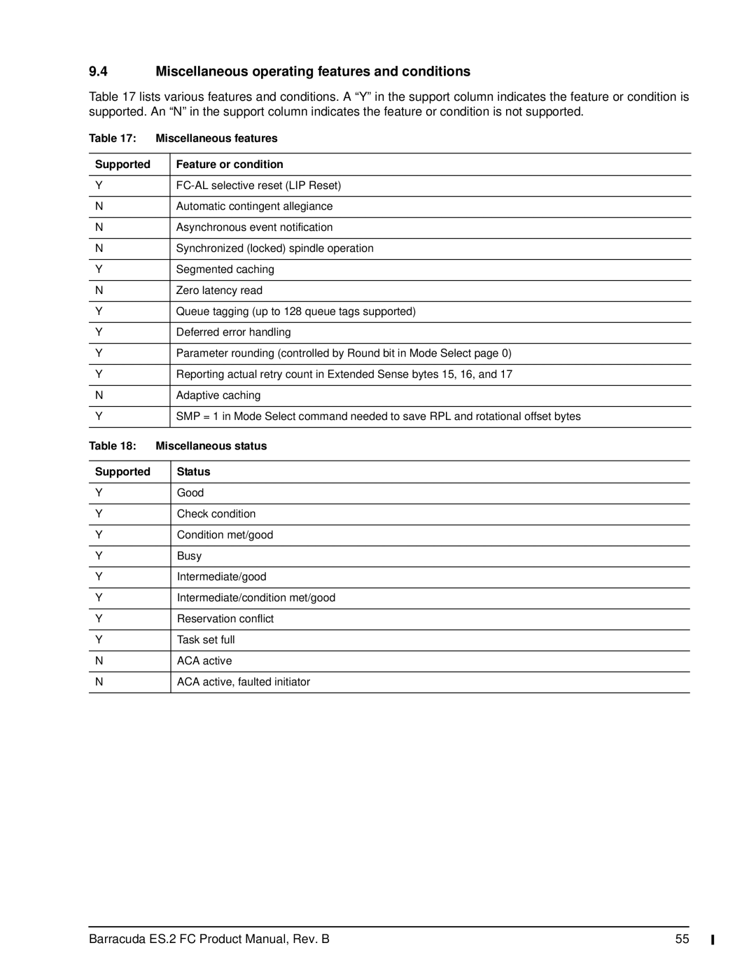 Seagate ST31000640FC manual Miscellaneous operating features and conditions, Miscellaneous features, Miscellaneous status 