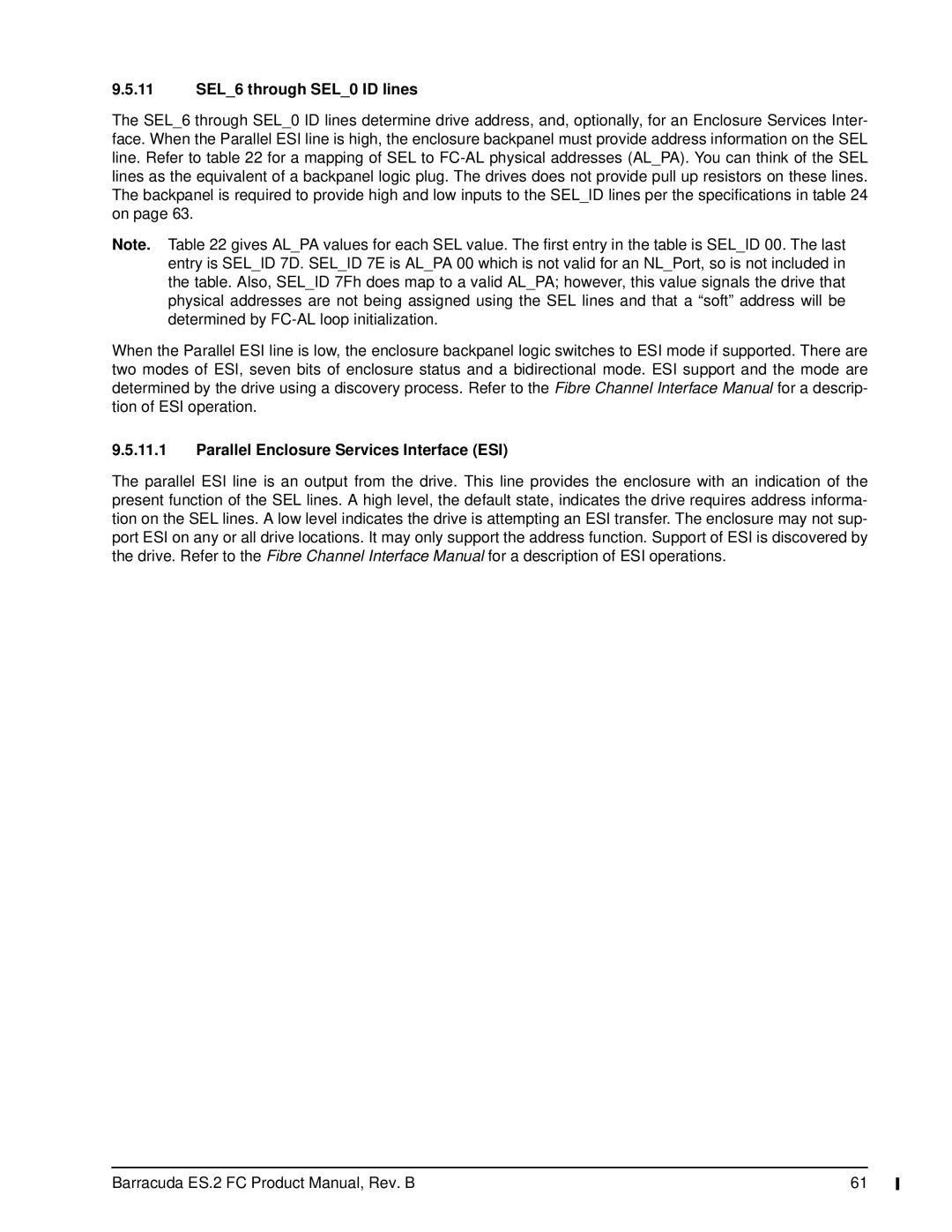 Seagate ST31000640FC, ES.2 FC manual 11 SEL6 through SEL0 ID lines, Parallel Enclosure Services Interface ESI 