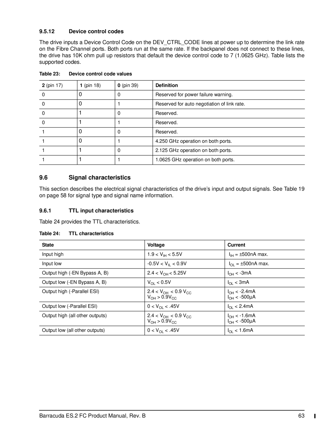 Seagate ST31000640FC, ES.2 FC manual Signal characteristics, Device control codes, TTL input characteristics 