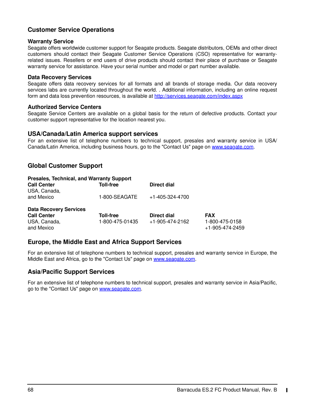 Seagate ES.2 FC, ST31000640FC manual Warranty Service, Data Recovery Services Authorized Service Centers 