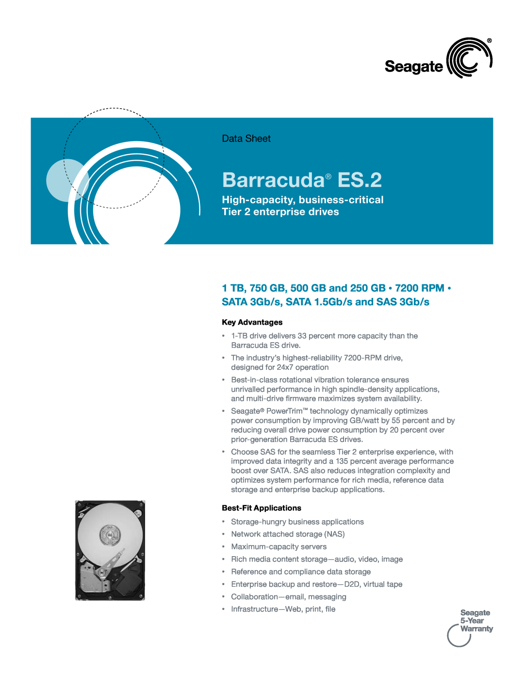 Seagate manual Key Advantages, Best-Fit Applications, Barracuda ES.2, Data Sheet 