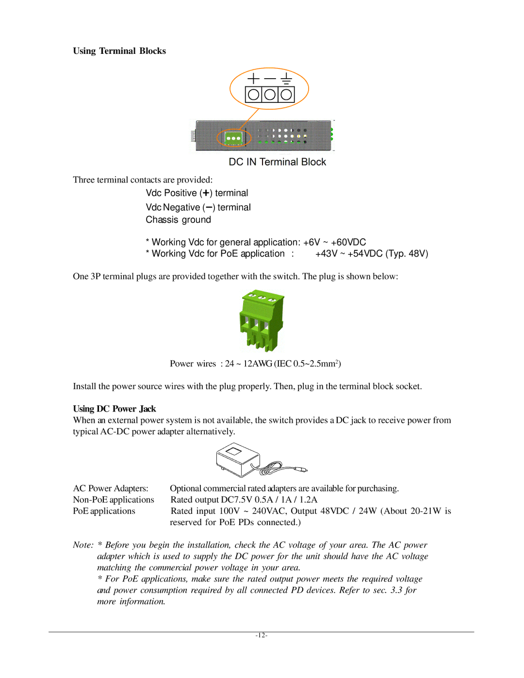 Seagate KSD-541-P manual Using Terminal Blocks, Using DC Power Jack 