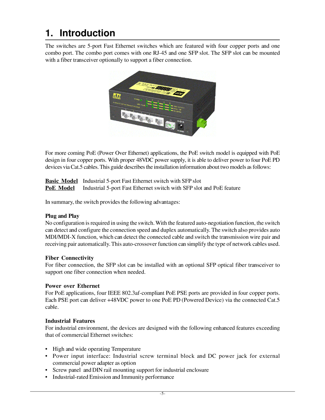 Seagate KSD-541-P manual Introduction, Plug and Play, Fiber Connectivity, Power over Ethernet, Industrial Features 