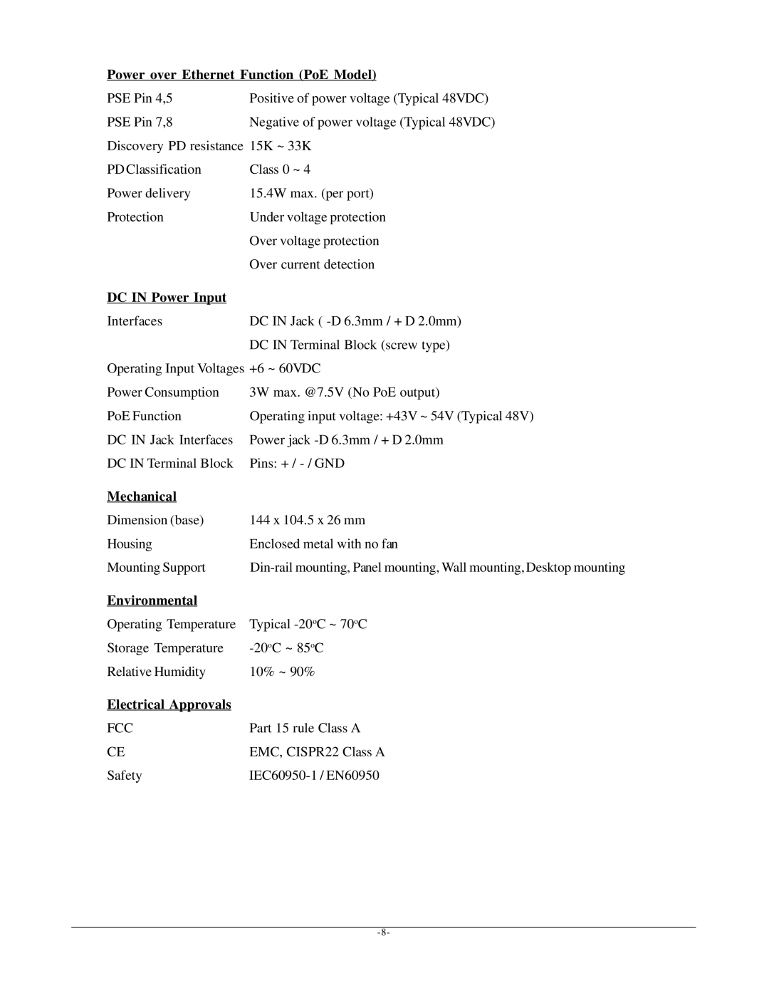 Seagate KSD-541-P manual Power over Ethernet Function PoE Model, DC in Power Input, Mechanical, Environmental 