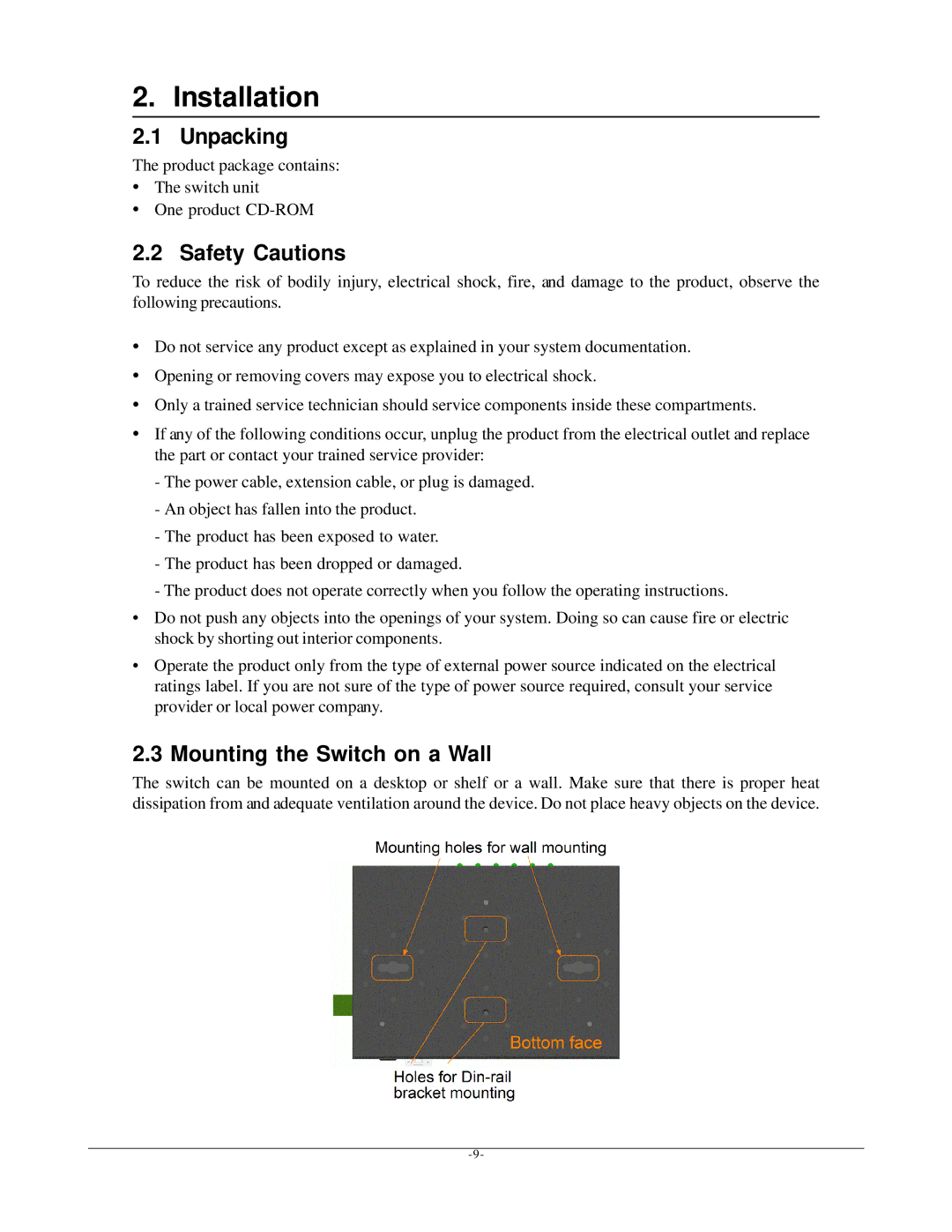 Seagate KSD-541-P manual Installation, Unpacking, Safety Cautions, Mounting the Switch on a Wall 