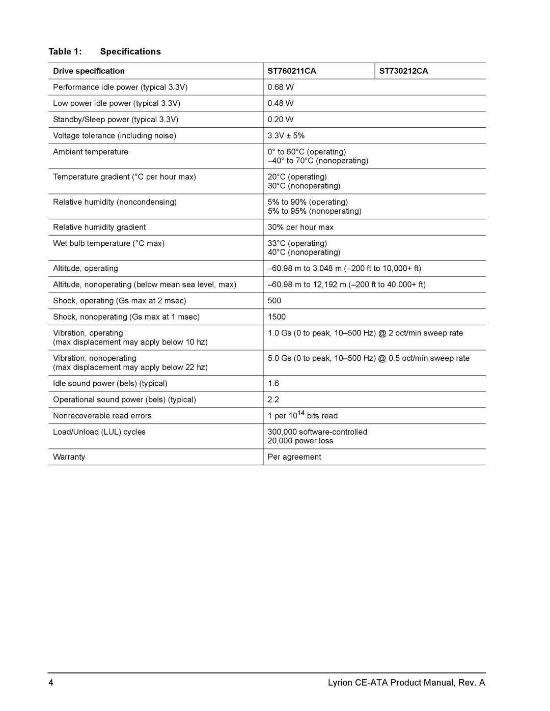 Seagate Lyrion Series manual Specifications 