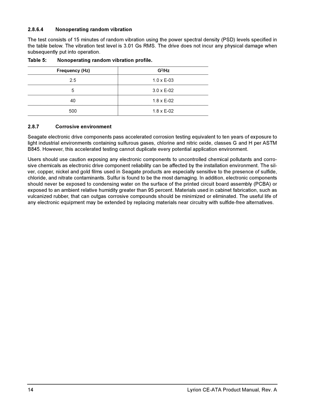 Seagate Lyrion Series manual Nonoperating random vibration profile, Corrosive environment 