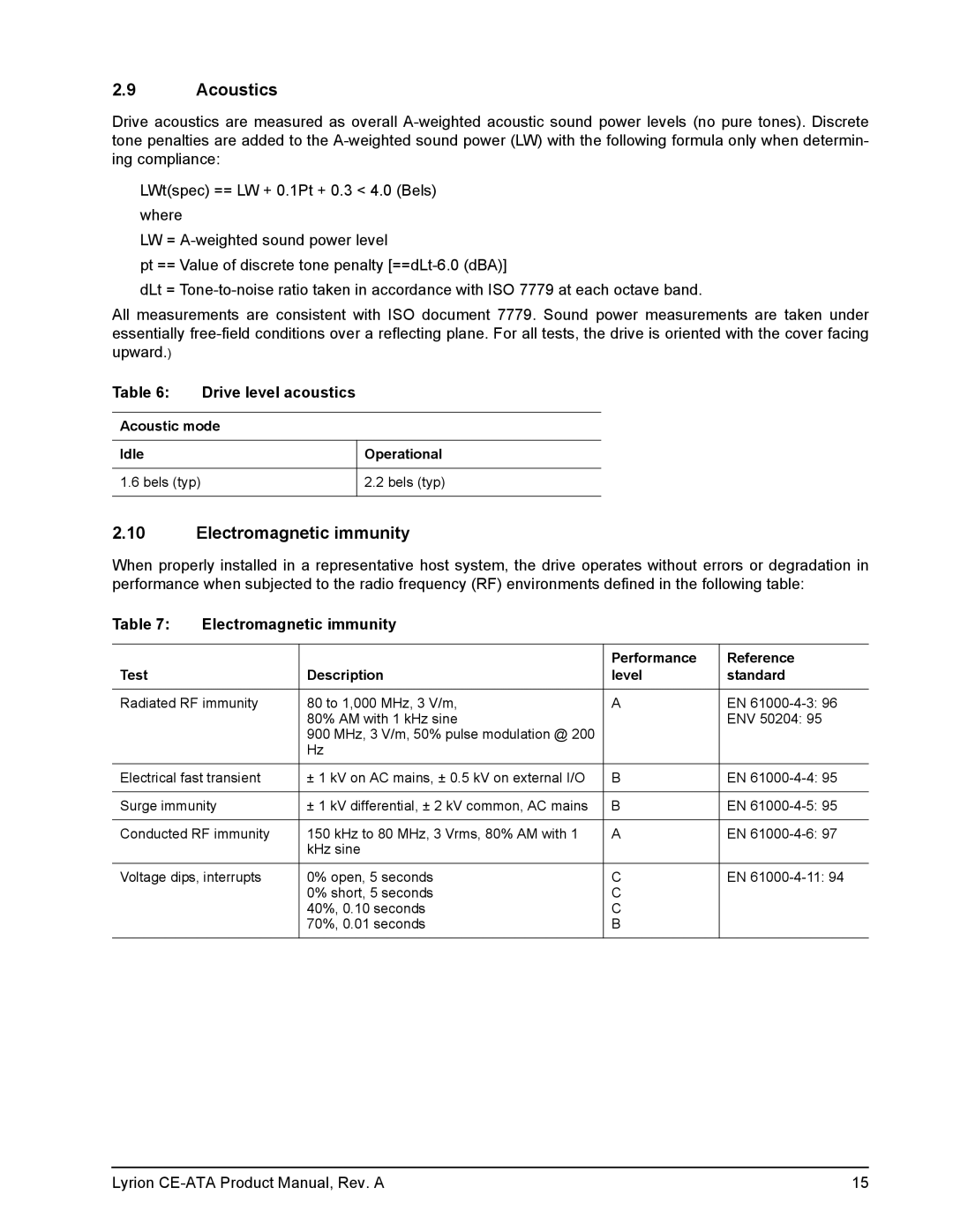 Seagate Lyrion Series manual Acoustics, Electromagnetic immunity, Drive level acoustics 