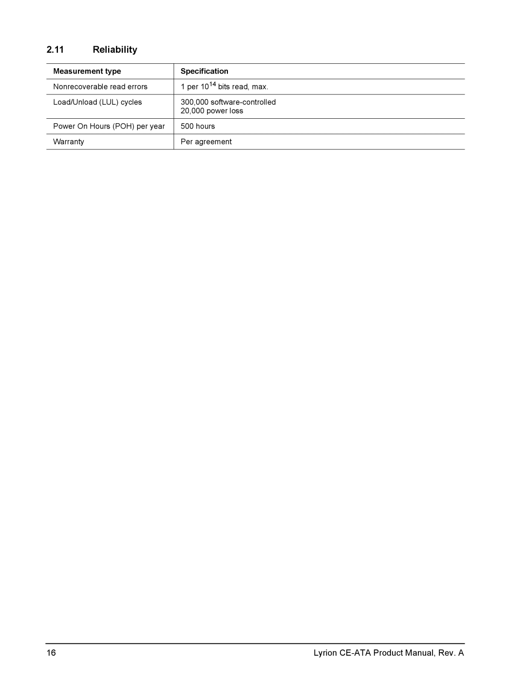 Seagate Lyrion Series manual Reliability, Measurement type Specification 